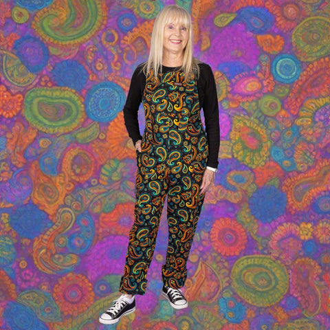 Run and Fly black paisley stretch twill dungarees