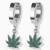 Earrings - Jewelled Weed Leaf Huggies - Gold/Sil